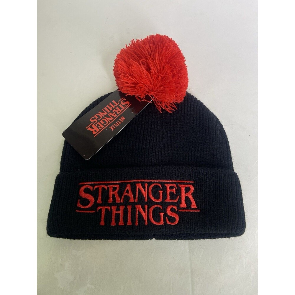 Stranger Things Black Red Pom Knit Cuffed Beanie Hat Cap Adult OSFM